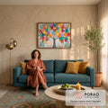 Pintura de árvore da vida com tronco cinza e folhas multicoloridas sobre fundo bege, quadro decorativo