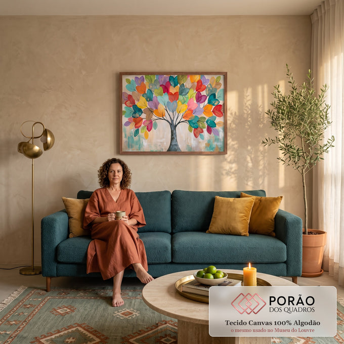Pintura de árvore da vida com tronco cinza e folhas multicoloridas sobre fundo bege, quadro decorativo