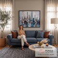 Quadro Decorativo Grande Skyline Urbano para Sala Cinza | quadros decorativos para sala de estar | skyline urbano abstrato em cinza e azul com ponte e reflexo na água | em ambiente 3 | Porao dos Quadros