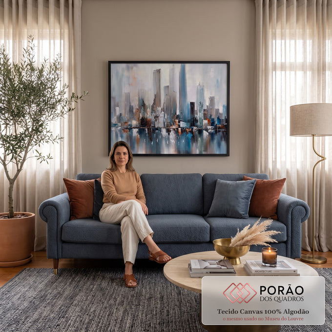 Quadro Decorativo Grande Skyline Urbano para Sala Cinza | quadros decorativos para sala de estar | skyline urbano abstrato em cinza e azul com ponte e reflexo na água | em ambiente 3 | Porao dos Quadros