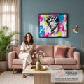 Quadro Decorativo Grande Davi Estátua para Sala Rosa | quadros decorativos para sala de estar | rosto esculpido do Davi em mármore branco sobre fundo pop art colorido | em ambiente 3 | Porao dos Quadros