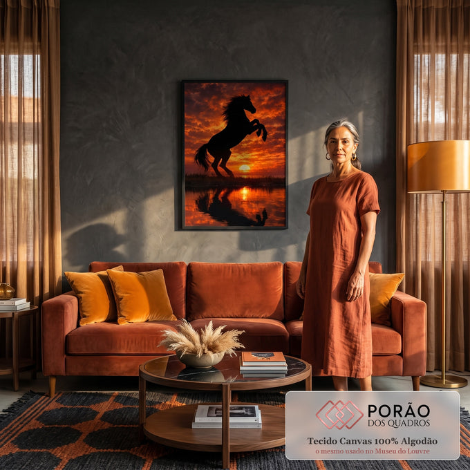 Silhueta de cavalo empinado contra pôr do sol laranja com reflexo no lago, quadro decorativo