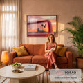Quadro Decorativo Grande Torre de Controle para Sala Laranja | quadros decorativos para sala de estar | céu de pôr do sol rosa e laranja com torre de controle e palmeiras ao fundo | em ambiente 3 | Porao dos Quadros