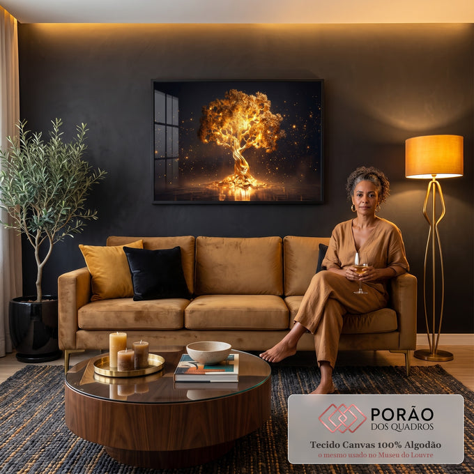 Quadro Decorativo Grande Árvore Dourada Formatos para Sala | quadros decorativos para sala de estar | árvore dourada luminosa com tronco em espiral sobre fundo preto estrelado | em ambiente 3 | Porao dos Quadros