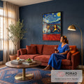 Quadro Decorativo Grande Van Gogh e Mona Lisa para Sala Azul | quadros decorativos para sala de estar | homem e mulher estilo Van Gogh e Mona Lisa em carro vermelho sob céu estrelado | em ambiente 3 | Porao dos Quadros