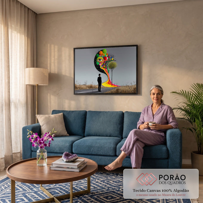 Quadro Decorativo Grande Homem Observando para Sala Preto | quadros decorativos para sala de estar | homem de terno observando lua surreal com olho gigante e cores vibrantes escorrendo | em ambiente 3 | Porao dos Quadros