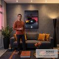 Quadro Decorativo Grande Carro e Amarelo para Sala Preto | quadros decorativos para sala de estar | carro esportivo preto fosco com faixa laranja e faróis acesos em garagem escura | em ambiente 3 | Porao dos Quadros