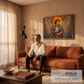 Quadro Decorativo Grande Anjo Guerreiro Dourado para Sala | quadros decorativos para sala de estar | anjo alado em mosaico com armadura azul e halo dourado radiante | em ambiente 3 | Porao dos Quadros