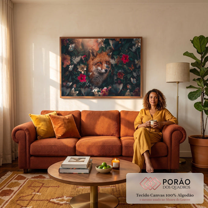 Raposa ruiva entre hibiscos, lírios, borboletas e folhagens verdes em arte digital, quadro decorativo