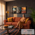Quadro Decorativo Kit 3 Telas Mona Lisa Marrom para Sala | quadros decorativos para sala de estar | trio urbano com Mona Lisa moderna, trem na chuva e folha refletindo a Torre Eiffel | em ambiente 3 | Porao dos Quadros