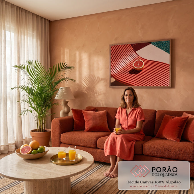 Quadro Decorativo Toranja Sobre Espreguiçadeira Coral | quadros decorativos para sala de estar | toranja cortada ao meio sobre espreguiçadeira coral com piscina ao fundo | em ambiente 3 | Porao dos Quadros