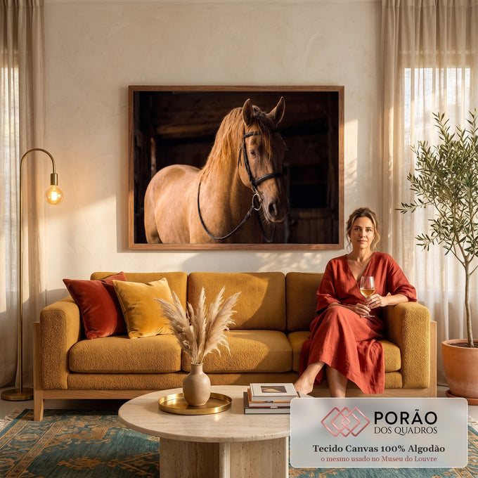 Cavalo palomino de crina dourada com rédea de couro preto em estábulo escuro, quadro decorativo