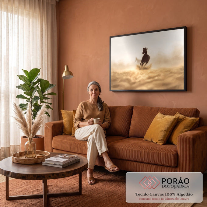 Quadro Decorativo Grande Cavalo Correndo para Sala Marrom | quadros decorativos para sala de estar | cavalo marrom correndo em silhueta com crina ao vento e poeira dourada | em ambiente 3 | Porao dos Quadros