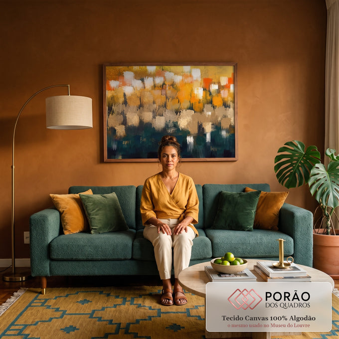 Quadro Decorativo Grande Abstrato Skyline para Sala Amarelo | quadros decorativos para sala de estar | pinceladas abstratas verticais em dourado, laranja e verde-petróleo lembrando um skyline | em ambiente 3 | Porao dos Quadros