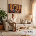Jesus Cristo em mosaico de pastilhas, mão no peito, círculos dourados e terracota ao fundo, quadro decorativo