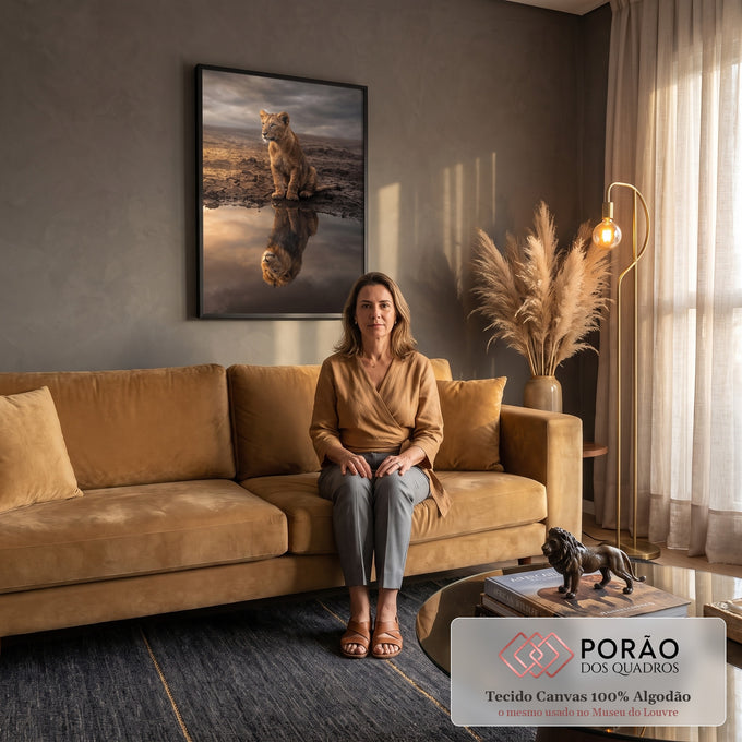 Quadro Decorativo Grande Filhote de Leão para Sala Dourado | quadros decorativos para sala de estar | filhote de leão sentado em solo rachado com reflexo de leão adulto na água | em ambiente 3 | Porao dos Quadros
