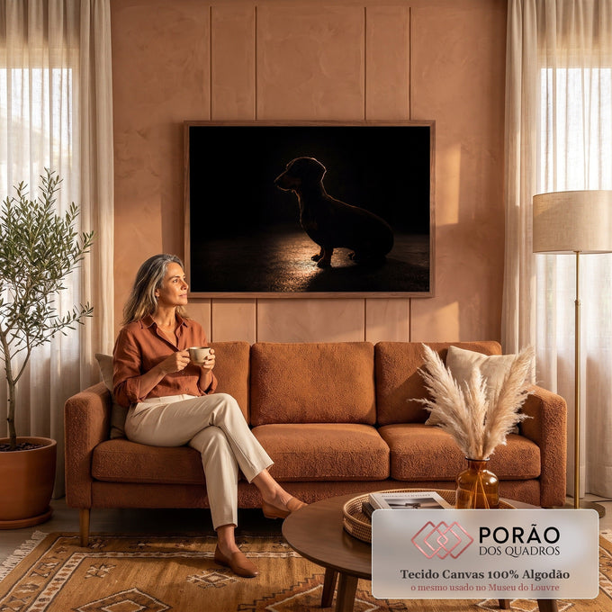 Cachorro salsicha dachshund sentado de perfil em silhueta com contraluz dourada no fundo preto, quadro decorativo