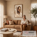 Quadro Decorativo Grande Rosto de Jesus Aquarela para Sala | quadros decorativos para sala de estar | retrato em aquarela de Jesus Cristo com manto branco e olhar sereno | em ambiente 3 | Porao dos Quadros