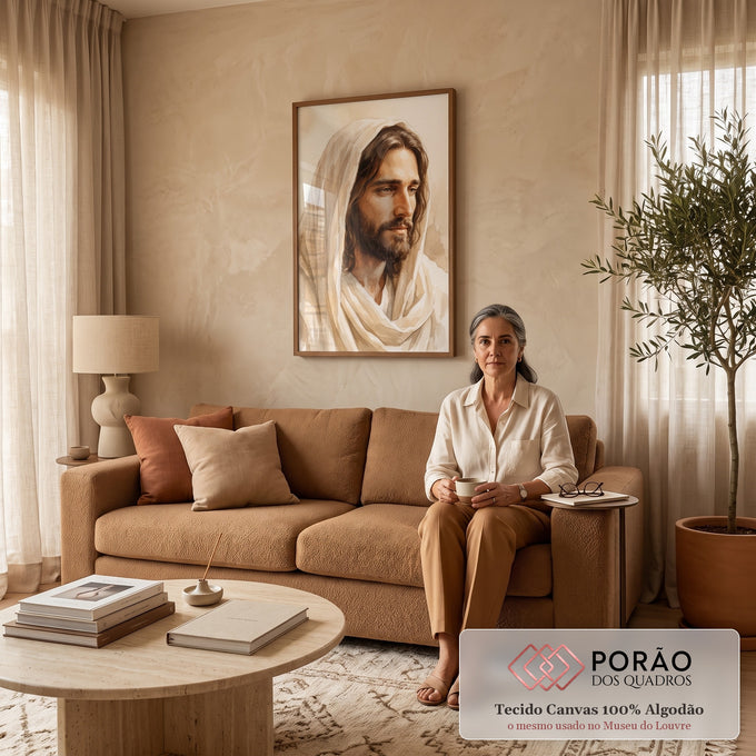 Quadro Decorativo Grande Rosto de Jesus Aquarela para Sala | quadros decorativos para sala de estar | retrato em aquarela de Jesus Cristo com manto branco e olhar sereno | em ambiente 3 | Porao dos Quadros