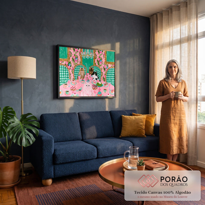 Quadro Decorativo Grande Gatos no Chá da Tarde para Sala | quadros decorativos para sala de estar | gatos fofos sentados numa mesa de chá rosa com doces e lustre de cristal | em ambiente 3 | Porao dos Quadros