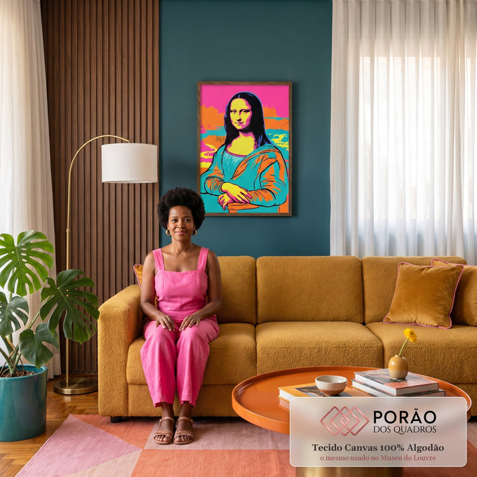 Quadro Decorativo Grande Tela de Pinturas para Sala Rosa | quadros decorativos para sala de estar | Mona Lisa em estilo pop art com cores rosa, amarelo, laranja e turquesa | em ambiente 3 | Porao dos Quadros