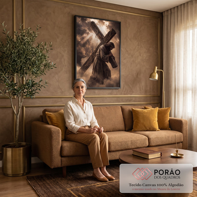 Quadro Decorativo Grande Jesus Carregando para Sala Marrom | quadros decorativos para sala de estar | Jesus com coroa de espinhos carregando cruz de madeira sob nuvens e luz divina | em ambiente 3 | Porao dos Quadros