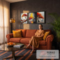 Quadro Decorativo Kit 3 Telas Árvore Vermelha para Sala | quadros decorativos para sala de estar | tríptico com árvore vermelha e dourada e cavalos brancos em texturas de pincelada | em ambiente 3 | Porao dos Quadros