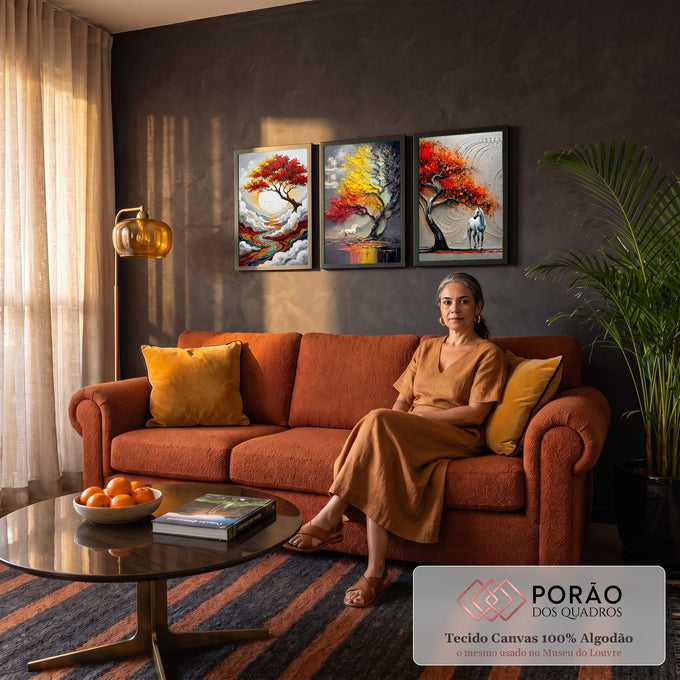 Quadro Decorativo Kit 3 Telas Árvore Vermelha para Sala | quadros decorativos para sala de estar | tríptico com árvore vermelha e dourada e cavalos brancos em texturas de pincelada | em ambiente 3 | Porao dos Quadros