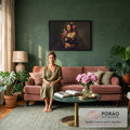 Mona Lisa com coroa de peônias, rosas e hera sobre fundo verde escuro em pintura a óleo, quadro decorativo