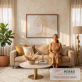 Quadro Decorativo Grande Árvore da Vida Bege para Sala | quadros decorativos para sala de estar | árvore sem folhas em relevo dourado sobre fundo bege texturizado | em ambiente 3 | Porao dos Quadros