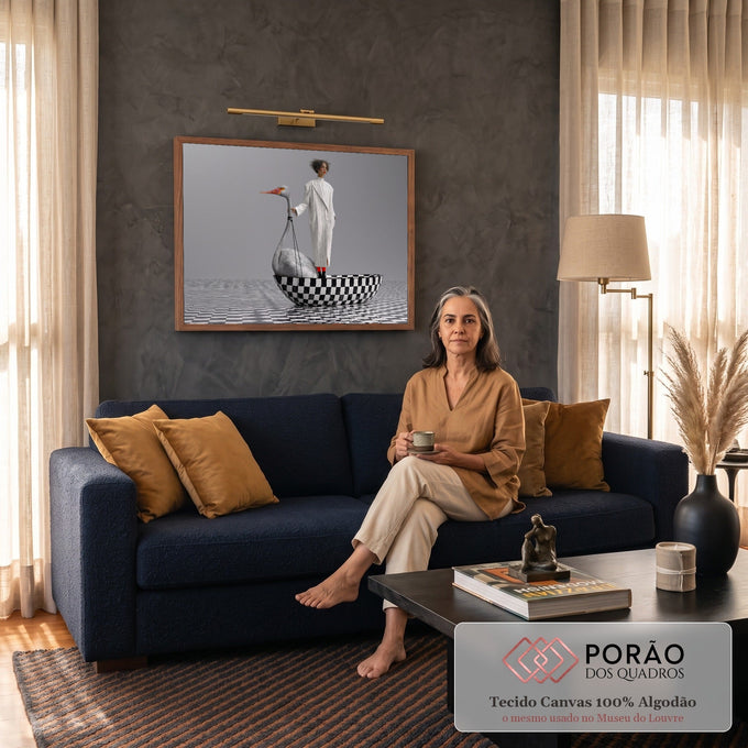 Quadro Decorativo Grande Mulher em Barco para Sala Branco | quadros decorativos para sala de estar | mulher de sobretudo branco guiando ave estilizada em barco xadrez | em ambiente 3 | Porao dos Quadros
