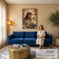 Quadro Decorativo Grande Jesus em Mosaico para Sala Dourado | quadros decorativos para sala de estar | Jesus Cristo em mosaico colorido segurando o globo terrestre diante de catedral dourada | em ambiente 3 | Porao dos Quadros