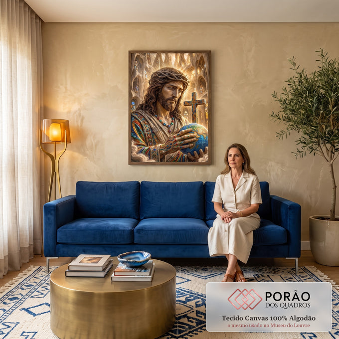 Quadro Decorativo Grande Jesus em Mosaico para Sala Dourado | quadros decorativos para sala de estar | Jesus Cristo em mosaico colorido segurando o globo terrestre diante de catedral dourada | em ambiente 3 | Porao dos Quadros