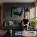 Quadro Decorativo Grande Carro Luzes Verdes para Sala Cinza | quadros decorativos para sala de estar | carro esportivo cinza com faróis em anéis de luz verde neon sobre piso molhado | em ambiente 3 | Porao dos Quadros