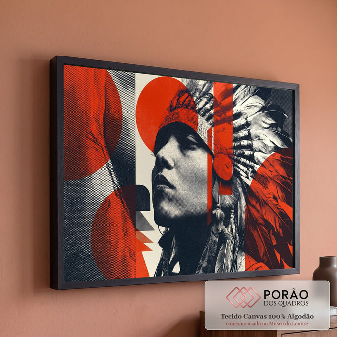 Retrato de indígena com cocar de penas em colagem halftone com círculos vermelhos, quadro decorativo