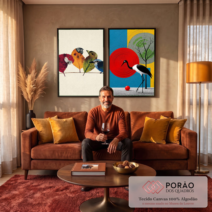 Quadro Decorativo Kit 2 Telas Aves de Folhas para Sala | quadros decorativos para sala de estar | pássaros feitos de folhas secas e cegonha preta e branca sobre círculos coloridos | em ambiente 3 | Porao dos Quadros