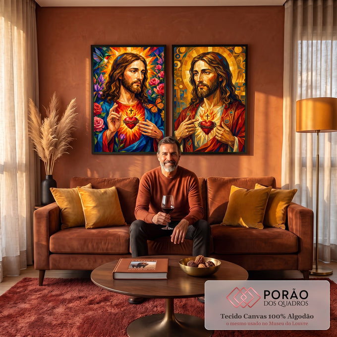 Quadro Decorativo Kit 2 Telas Sagrado Coração para Sala | quadros decorativos para sala de estar | Jesus Cristo com Sagrado Coração em estilo geométrico dourado e azul, duas telas | em ambiente 3 | Porao dos Quadros