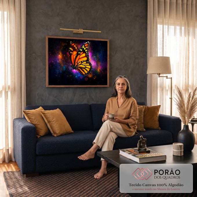 Borboleta-monarca laranja e preta voando sobre nebulosa roxa e céu estrelado, quadro decorativo