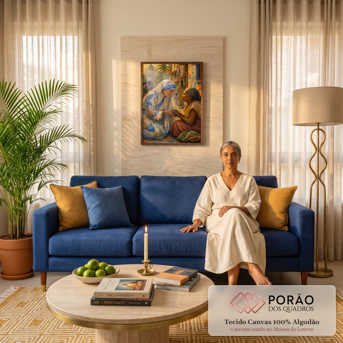 Quadro Decorativo Grande Madre Teresa para Sala Azul | quadros decorativos para sala de estar | Madre Teresa de joelhos segurando as mãos de uma mulher idosa numa rua colorida da Índia | em ambiente 3 | Porao dos Quadros