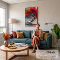 Cavalo branco sob árvore de folhas vermelhas e laranja com tronco azul em relevo, quadro decorativo