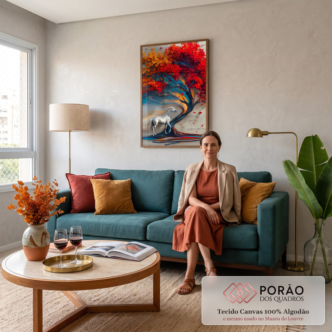 Cavalo branco sob árvore de folhas vermelhas e laranja com tronco azul em relevo, quadro decorativo