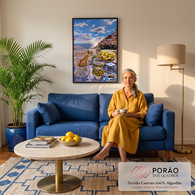 Gato ruivo em poltrona de vime num terraço de azulejos azuis com vista para Positano, quadro decorativo