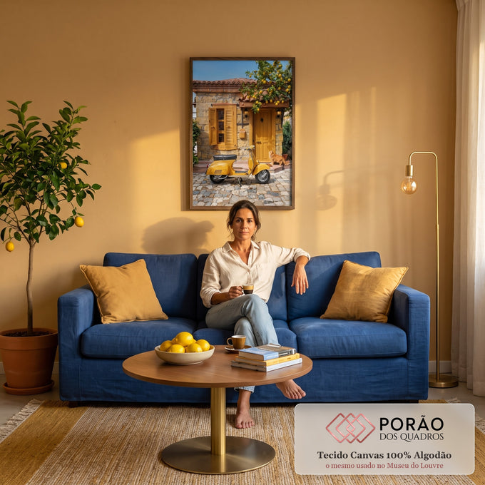 Casa de pedra com porta amarela, Vespa vintage, gato ruivo e limoeiro em vila mediterrânea, quadro decorativo