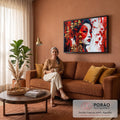 Quadro Decorativo Grande Gueixa para Sala Vermelho | quadros decorativos para sala de estar | rosto feminino pintado de vermelho e branco com cerejeiras e pagodes dourados | em ambiente 3 | Porao dos Quadros