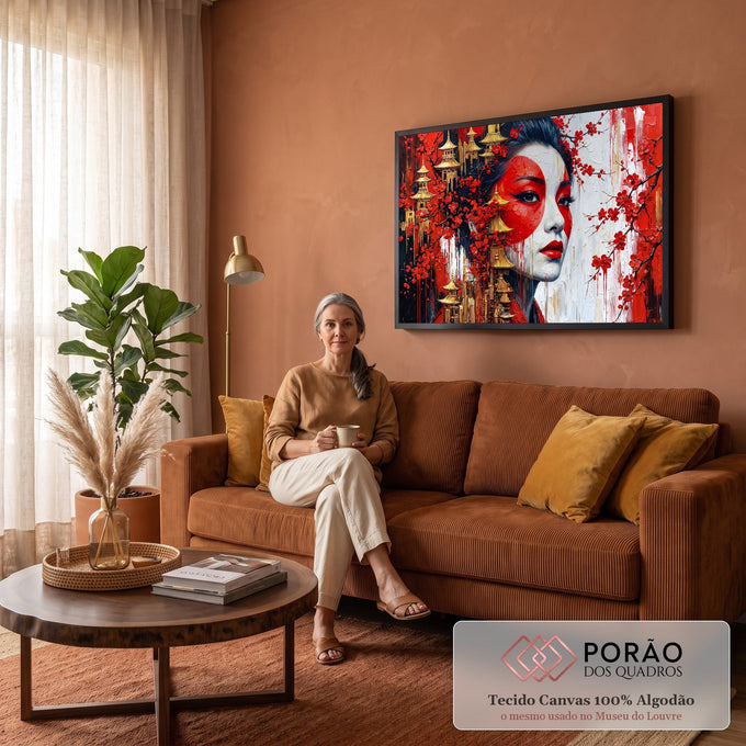 Quadro Decorativo Grande Gueixa para Sala Vermelho | quadros decorativos para sala de estar | rosto feminino pintado de vermelho e branco com cerejeiras e pagodes dourados | em ambiente 3 | Porao dos Quadros