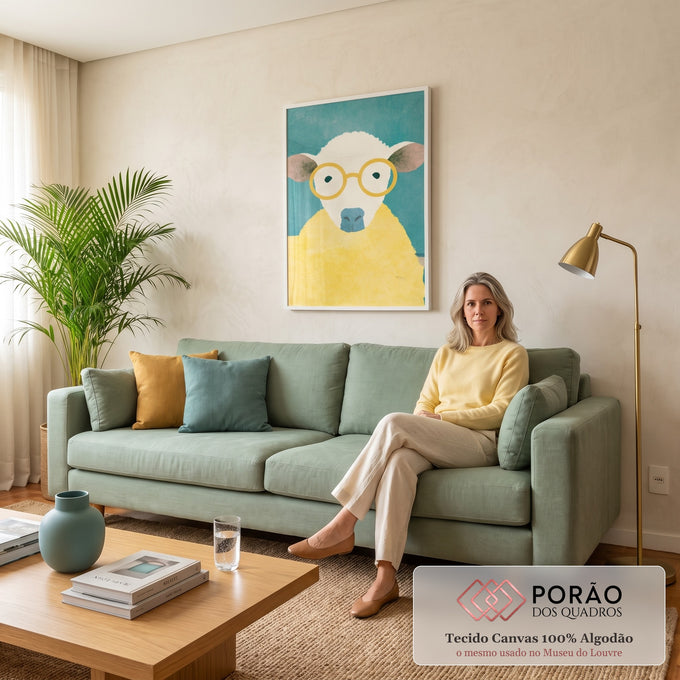 Quadro Decorativo Vaca de Óculos Amarelos em Suéter Amarelo em sala de estar moderna - quadros decorativos para sala