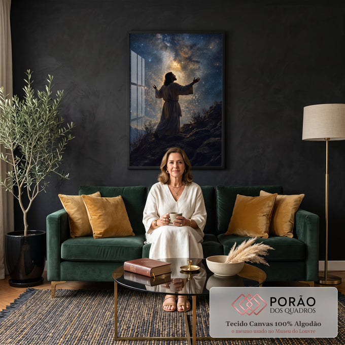 Quadro Decorativo Grande Figura em Manto para Sala Preto | quadros decorativos para sala de estar | figura de manto com braços erguidos sob céu estrelado e via láctea dourada | em ambiente 3 | Porao dos Quadros