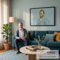 Autorretrato de Van Gogh de barba ruiva e paletó azul sobre fundo de espirais azuis, quadro decorativo
