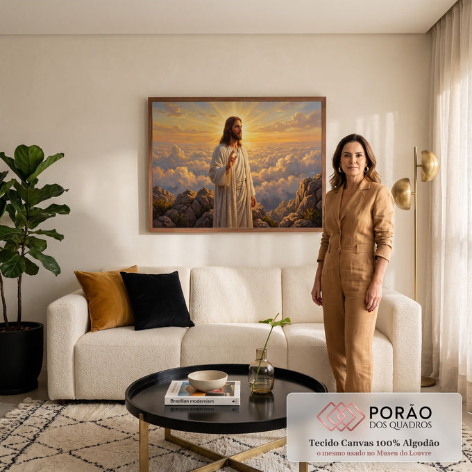 Jesus de túnica branca abençoando no alto do monte acima das nuvens e raios de sol, quadro decorativo