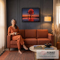 Quadro Decorativo Grande Lua Vermelha Antílopes para Sala | quadros decorativos para sala de estar | lua vermelha gigante atrás de árvore seca com antílopes refletidos no lago | em ambiente 3 | Porao dos Quadros